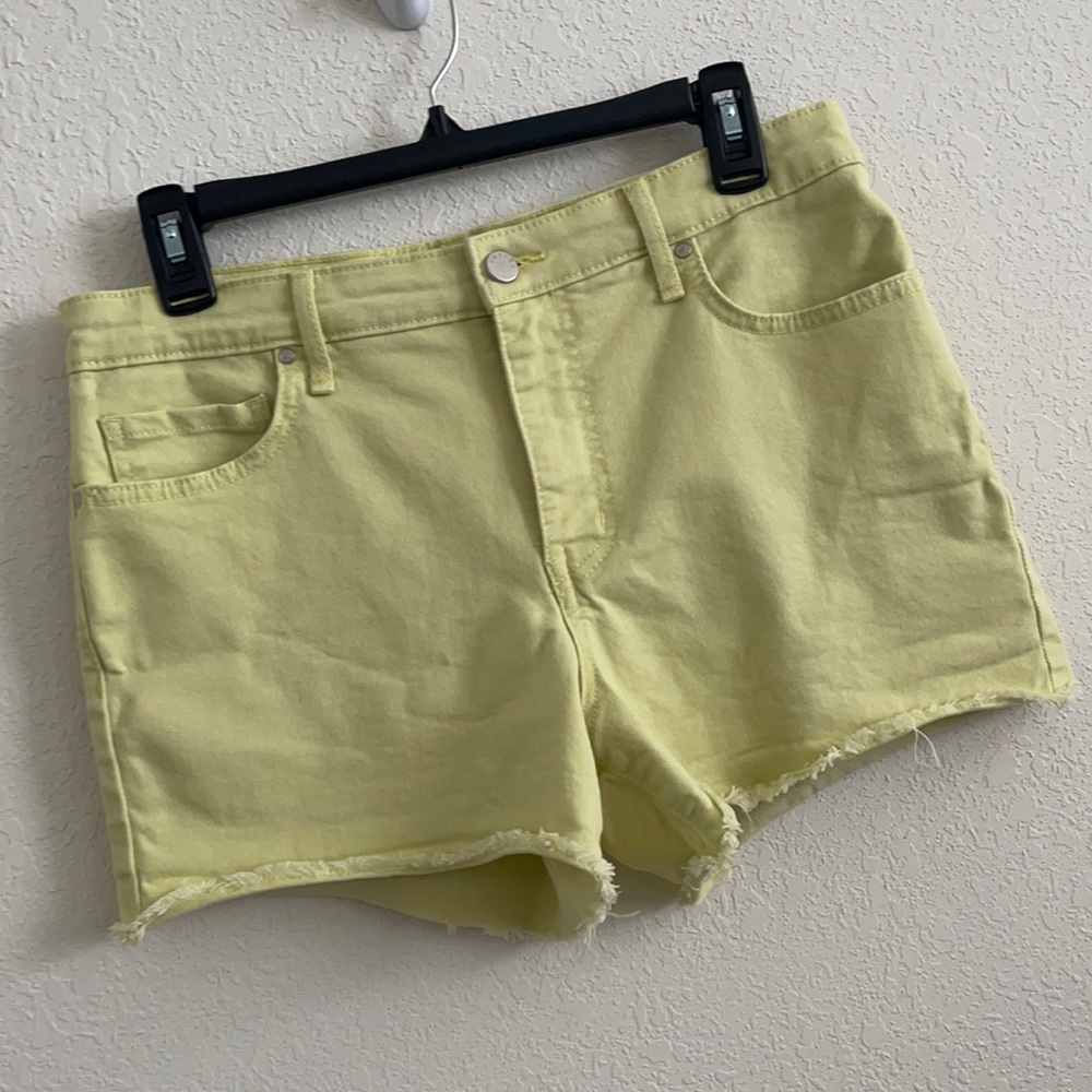 Frayed lemon high rise jean shorts